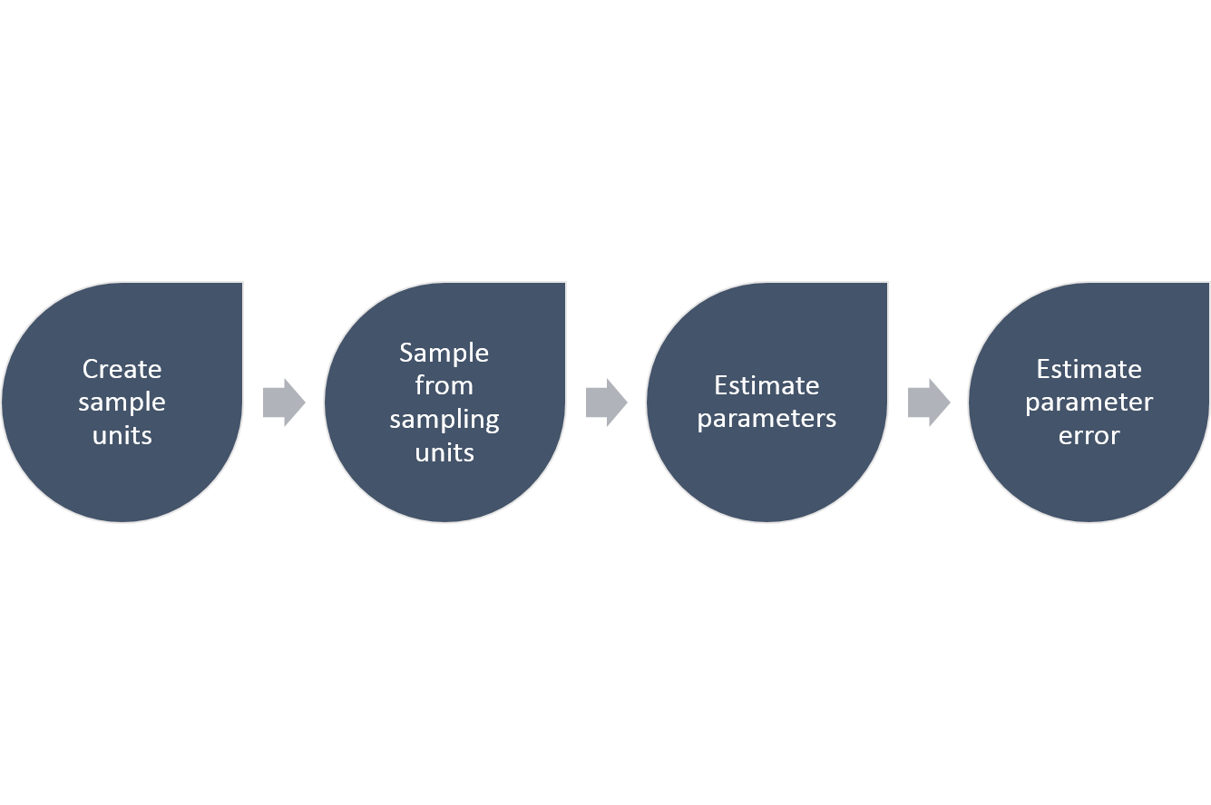 The general steps required to estimate parameters and their precision using a simple random sampling approach.