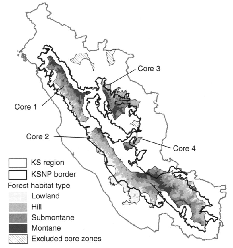 Core tiger habitat in the Kerinci Seblat region of Sumatra, with the four different habitat types. Adapted from Linkie et al 2006.